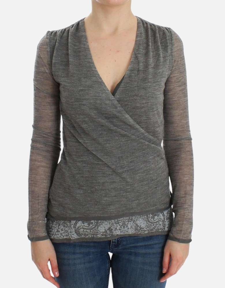 VNeck Knit Wrap Top Long Sleeve Women - Gray Sweaters