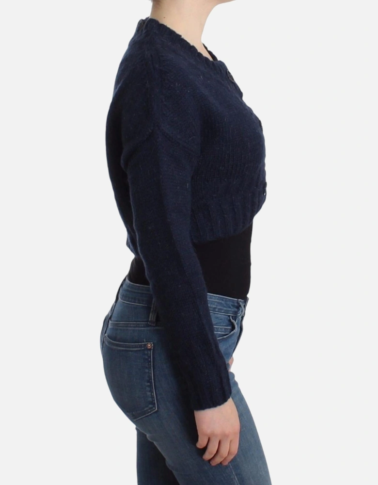 Cropped Cardigan Long Sleeves Round Neck Women - Blue Sweaters