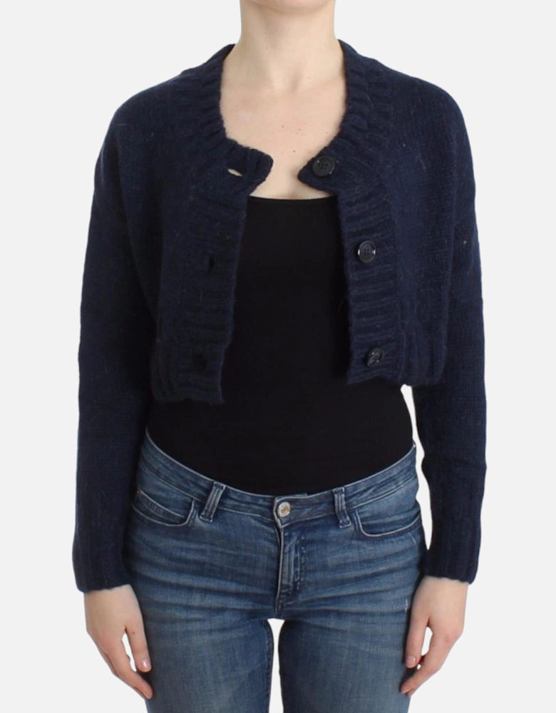 Cropped Cardigan Long Sleeves Round Neck Women - Blue Sweaters