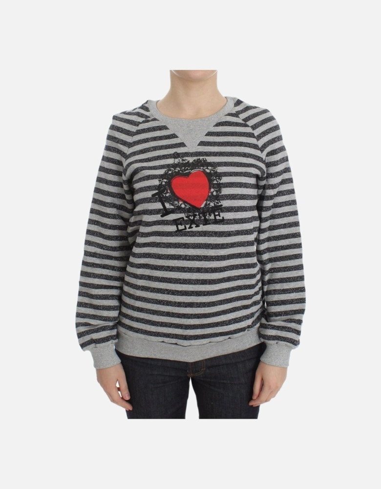 Crew-Neck Striped Pullover Sweater with Logo Details Women - Gray