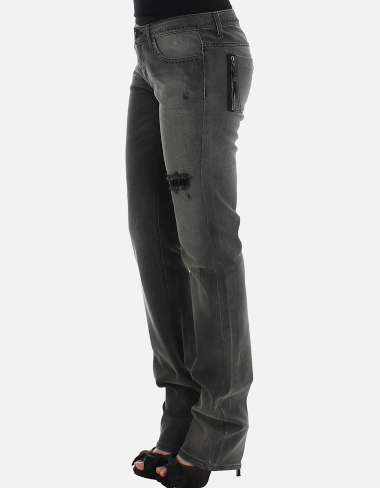 Gray Straight Leg Jeans with Logo Details Women Jeans
