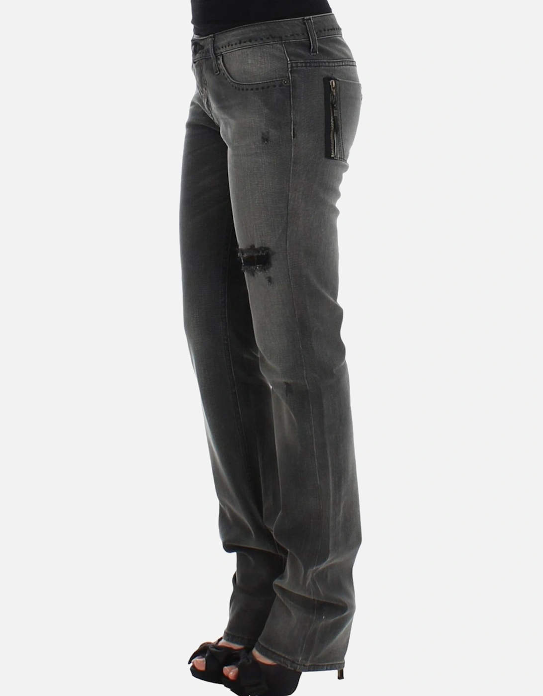 Gray Straight Leg Jeans with Logo Details Women Jeans