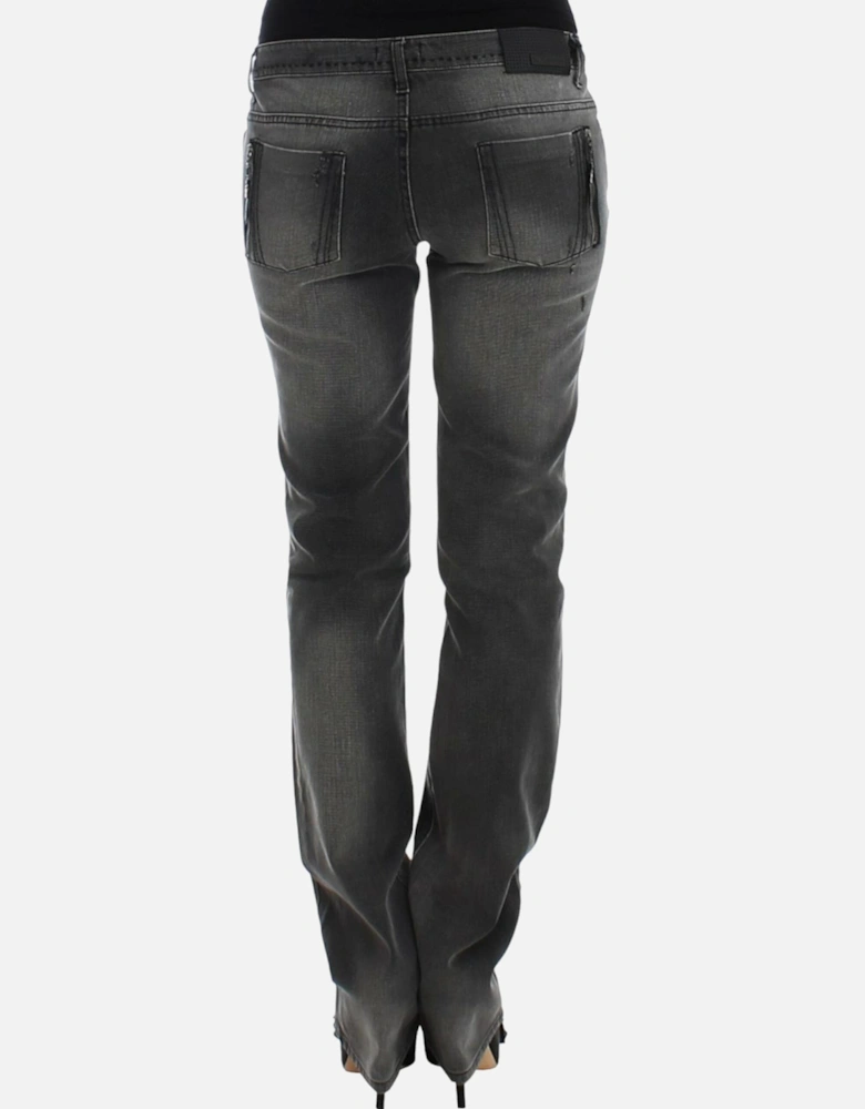 Gray Straight Leg Jeans with Logo Details Women Jeans