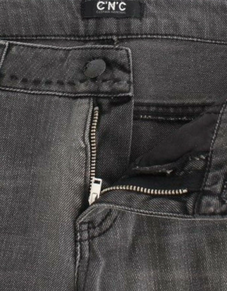 Gray Straight Leg Jeans with Logo Details Women Jeans