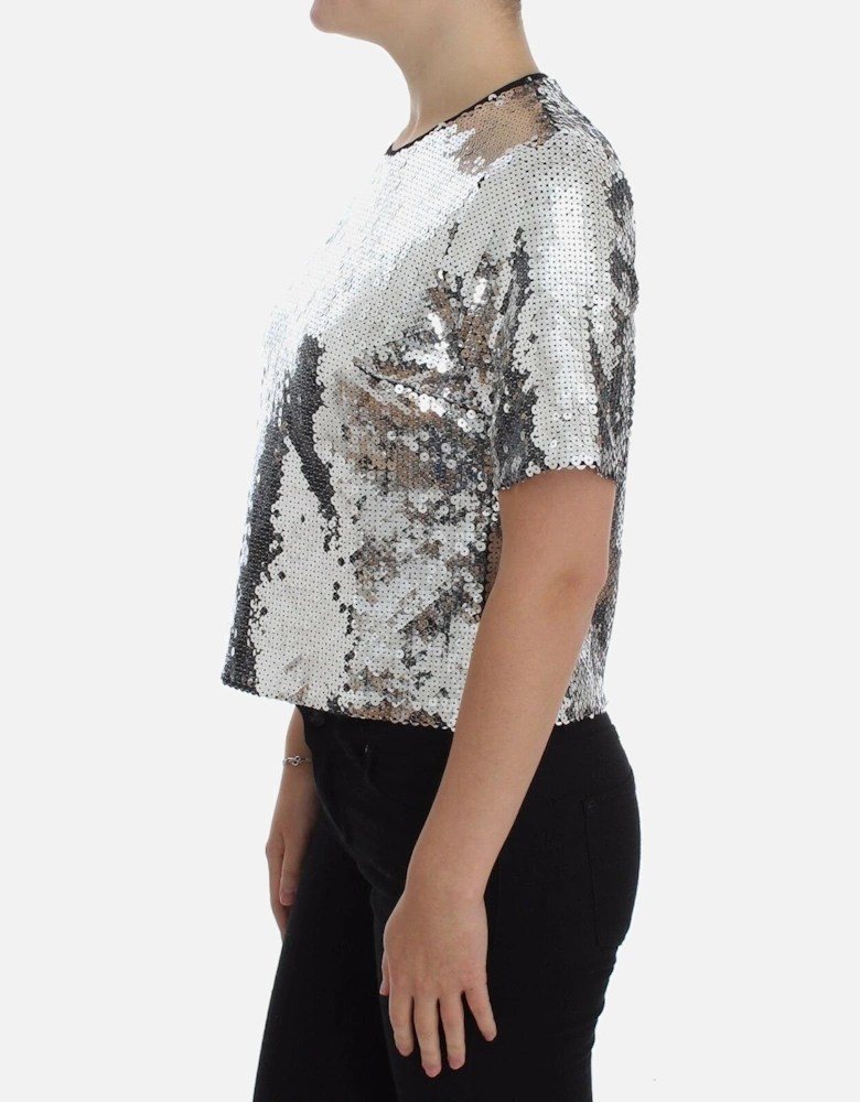 Dolce Gabbana Sequin Top Silver Women T-Shirts