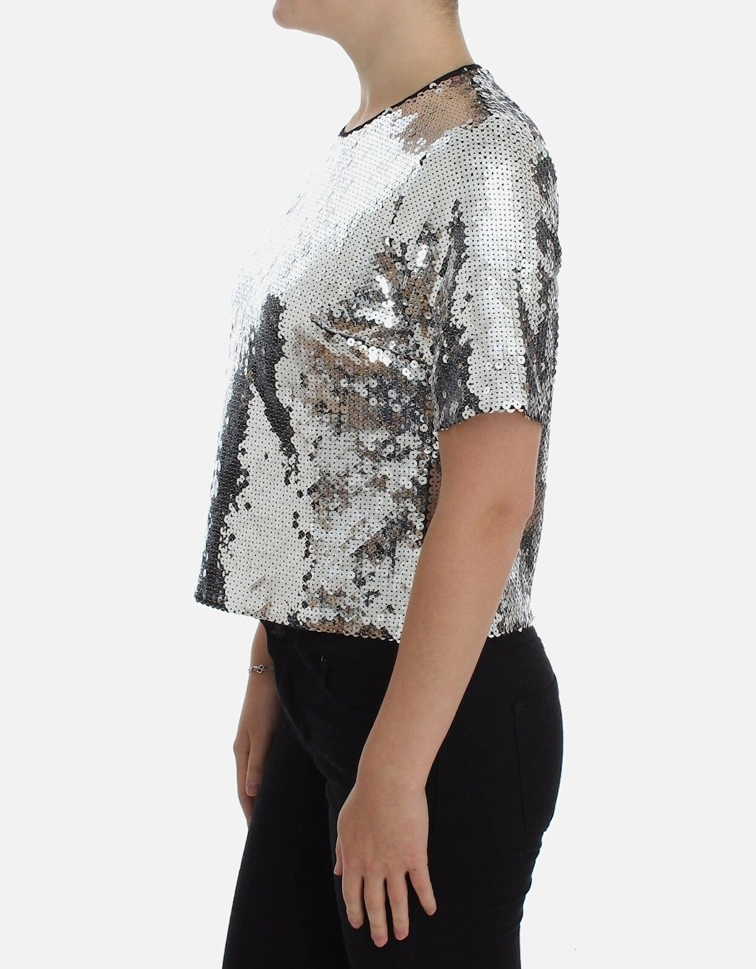 Dolce Gabbana Sequin Top Silver Women T-Shirts