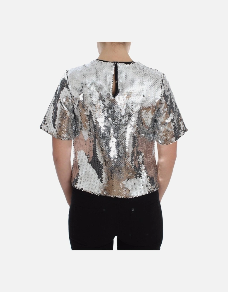 Dolce Gabbana Sequin Top Silver Women T-Shirts