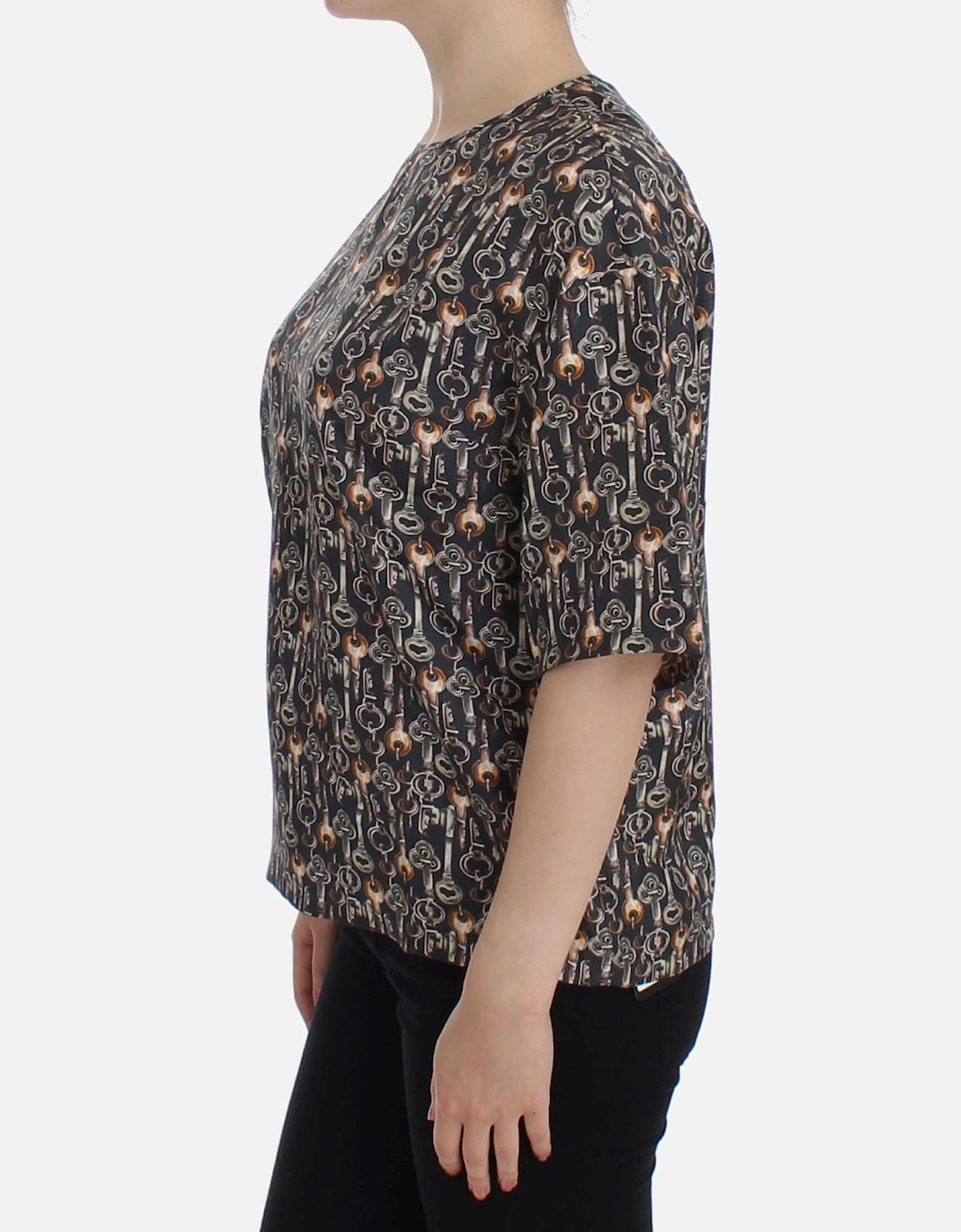 Key Print Silk Top Short Sleeve Blouse Women - Gray T-Shirts