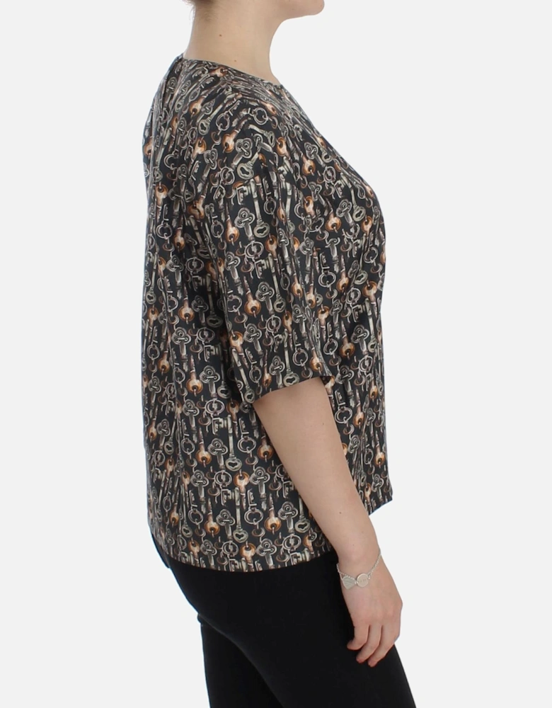 Key Print Silk Top Short Sleeve Blouse Women - Gray T-Shirts