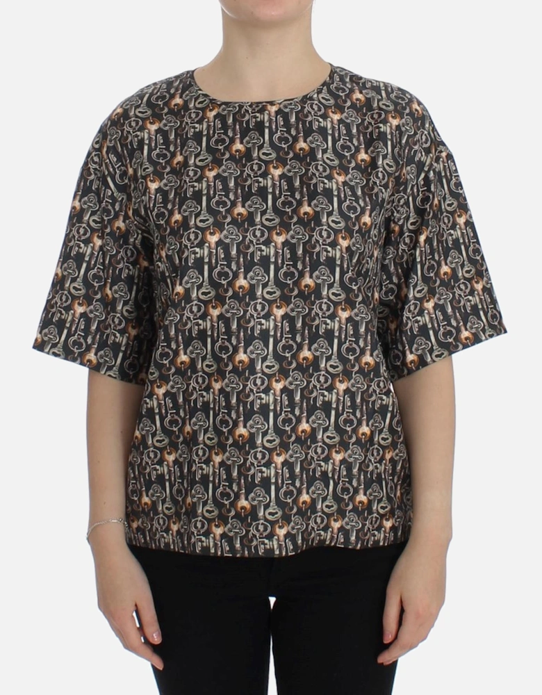 Key Print Silk Top Short Sleeve Blouse Women - Gray T-Shirts