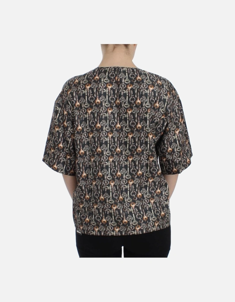 Key Print Silk Top Short Sleeve Blouse Women - Gray T-Shirts