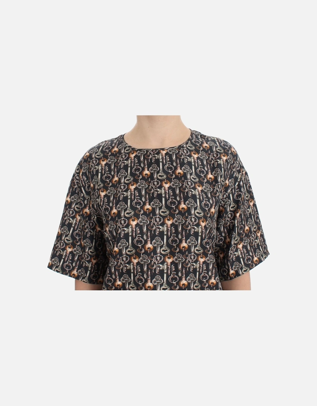 Key Print Silk Top Short Sleeve Blouse Women - Gray T-Shirts