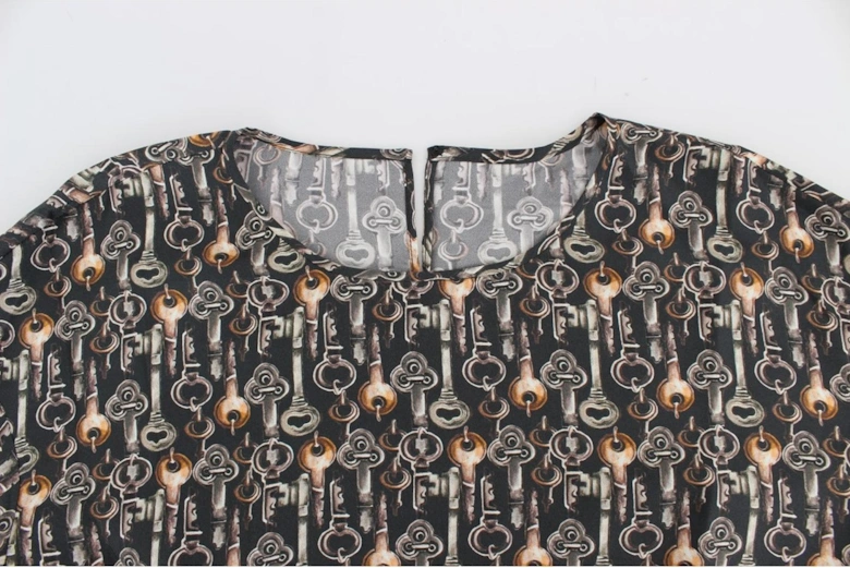 Key Print Silk Top Short Sleeve Blouse Women - Gray T-Shirts