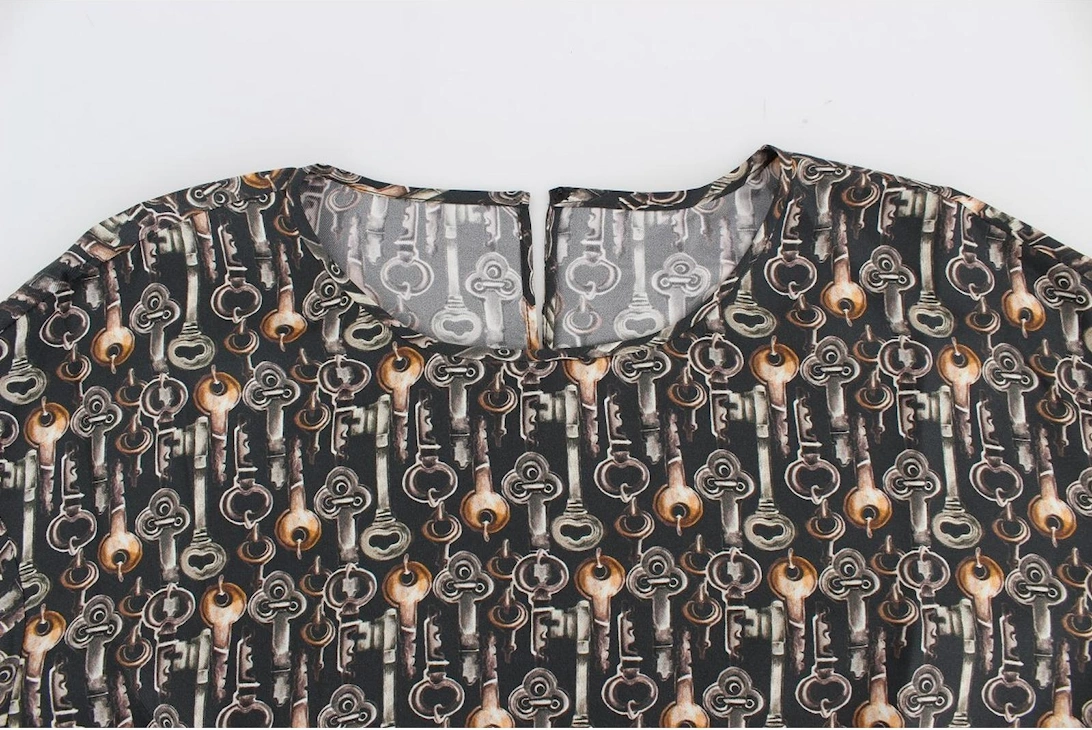 Key Print Silk Top Short Sleeve Blouse Women - Gray T-Shirts