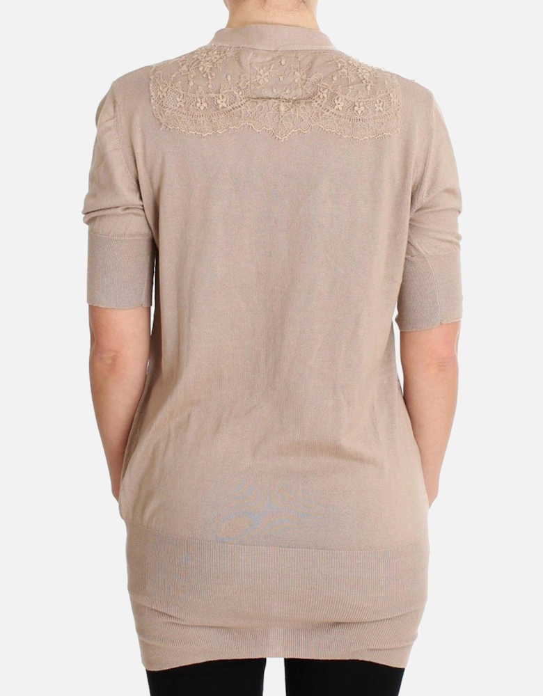 Lace Detail Short Sleeve Cardigan Women - Pink Sweaters
