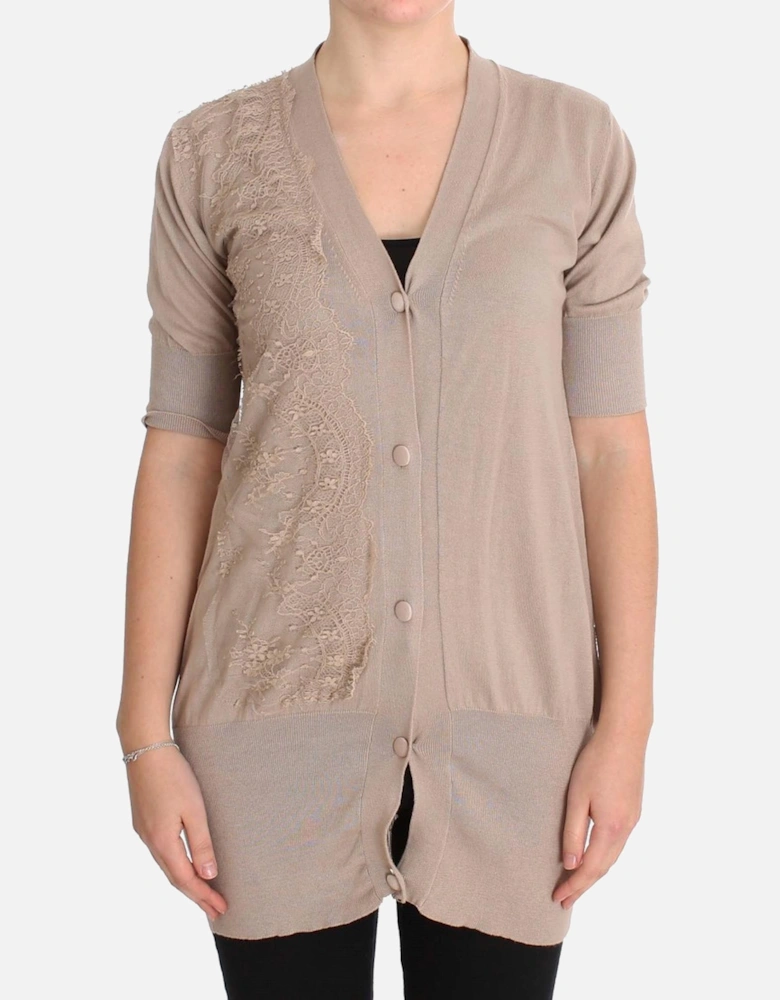 Lace Detail Short Sleeve Cardigan Women - Pink Sweaters