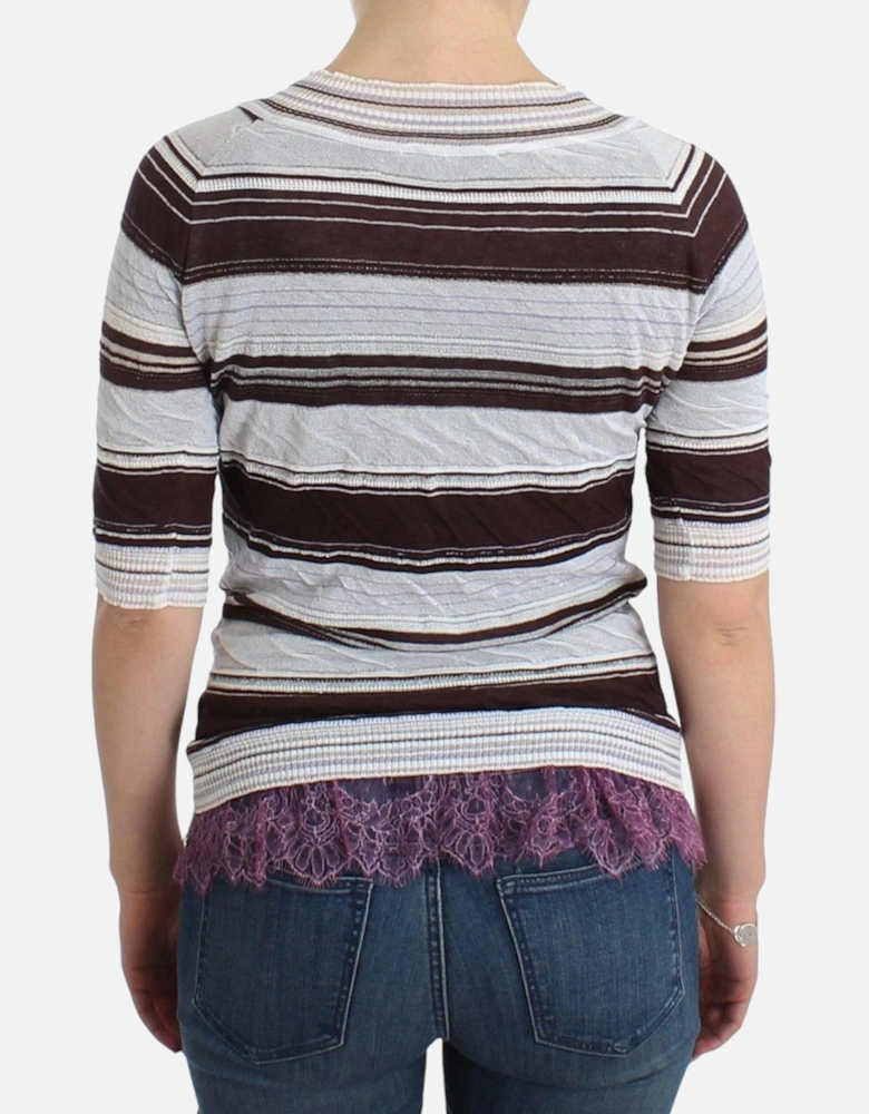 Striped V-Neck Knit Top with Lace Hem Women - Multicolor T-Shirts