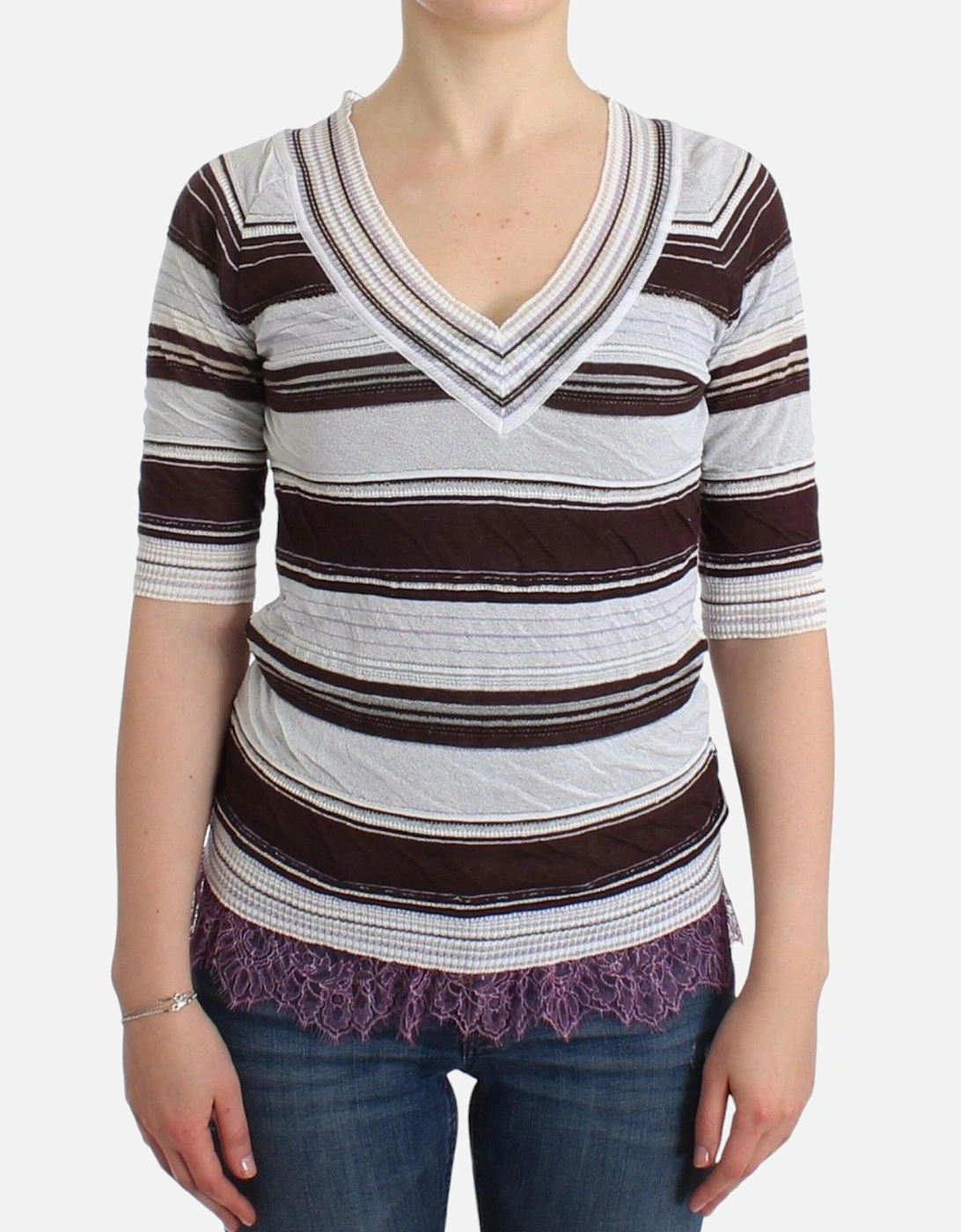 Striped V-Neck Knit Top with Lace Hem Women - Multicolor T-Shirts, 7 of 6