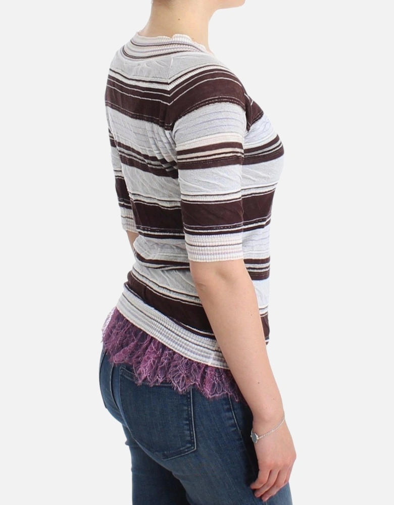Striped V-Neck Knit Top with Lace Hem Women - Multicolor T-Shirts