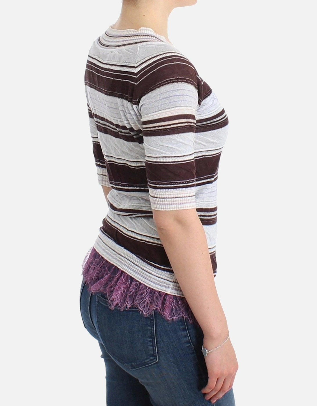 Striped V-Neck Knit Top with Lace Hem Women - Multicolor T-Shirts