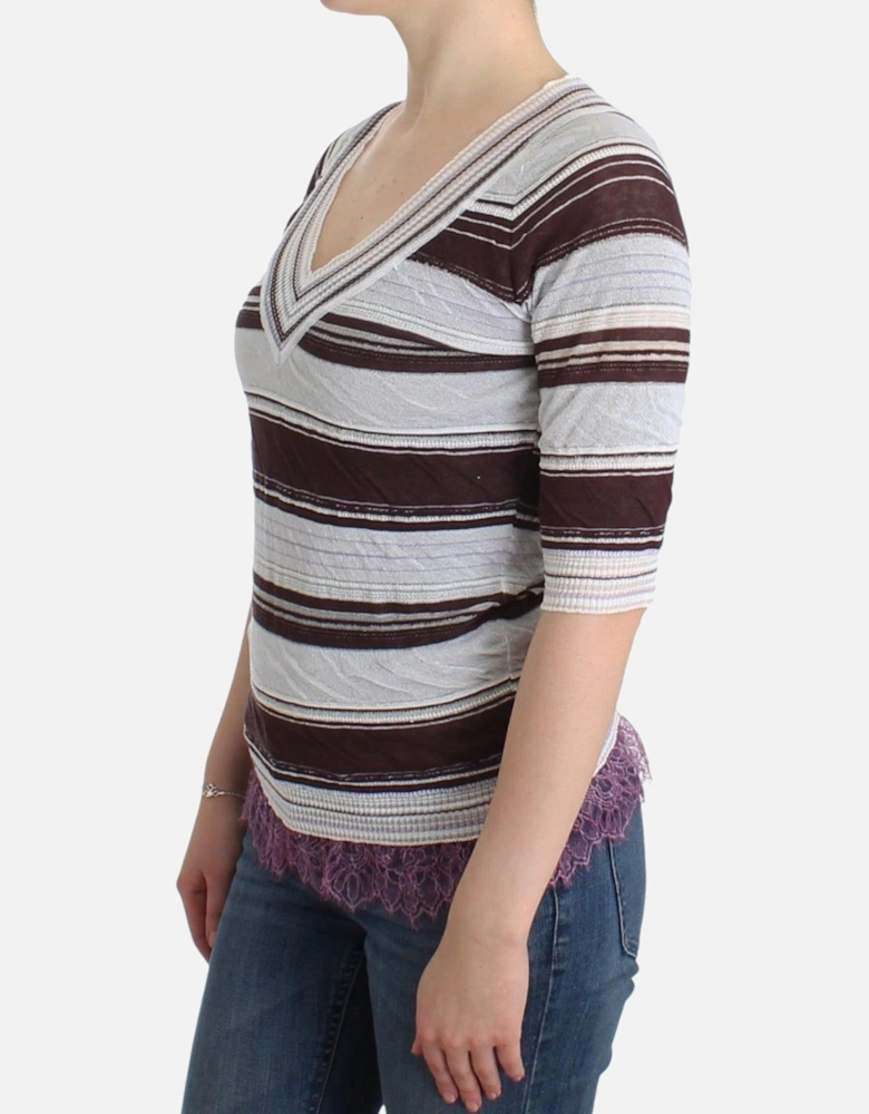 Striped V-Neck Knit Top with Lace Hem Women - Multicolor T-Shirts