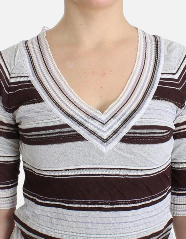 Striped V-Neck Knit Top with Lace Hem Women - Multicolor T-Shirts