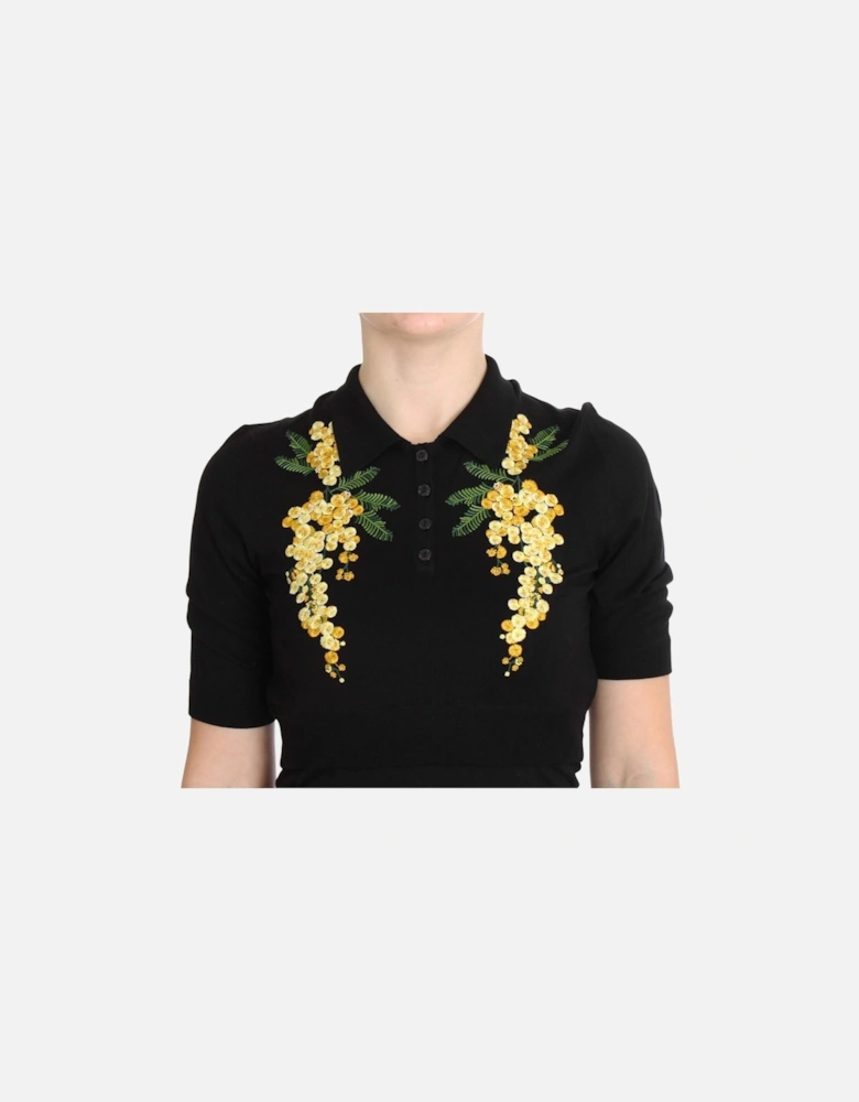 Floral Polo Shirt Short Sleeves Casual Top Women - Black T-Shirts
