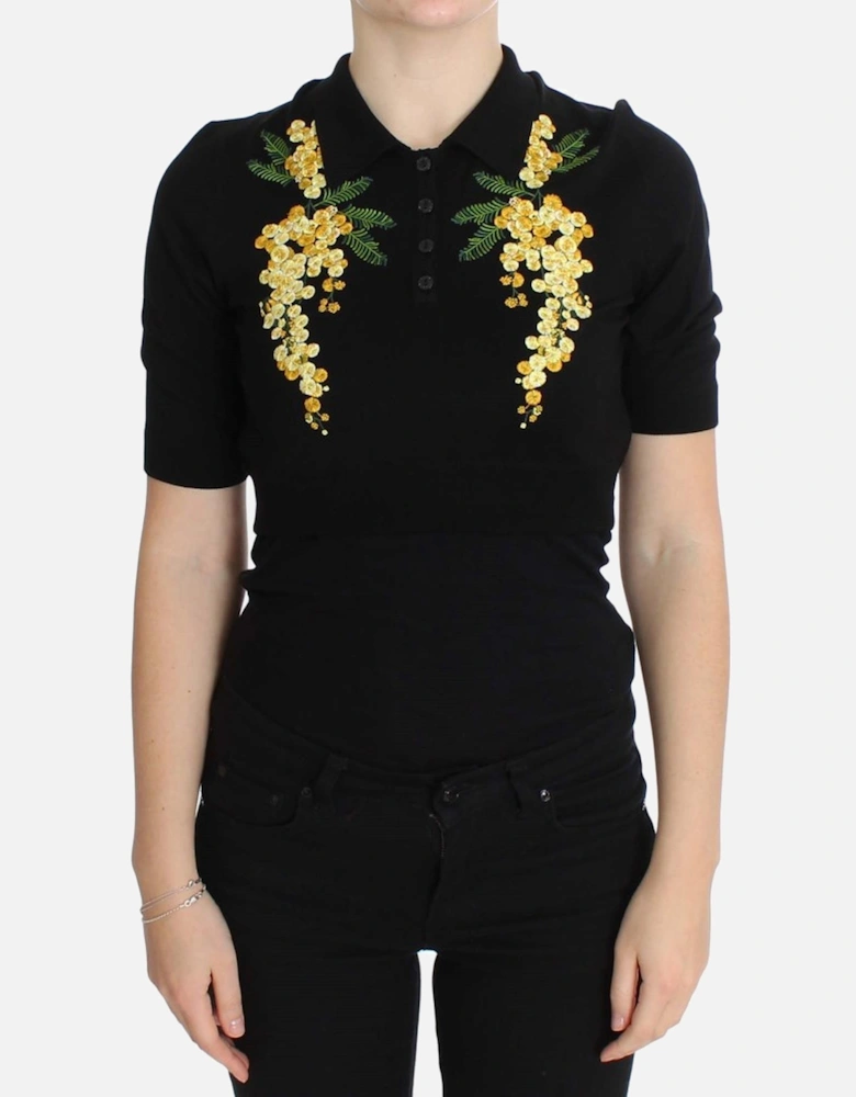 Floral Polo Shirt Short Sleeves Casual Top Women - Black T-Shirts