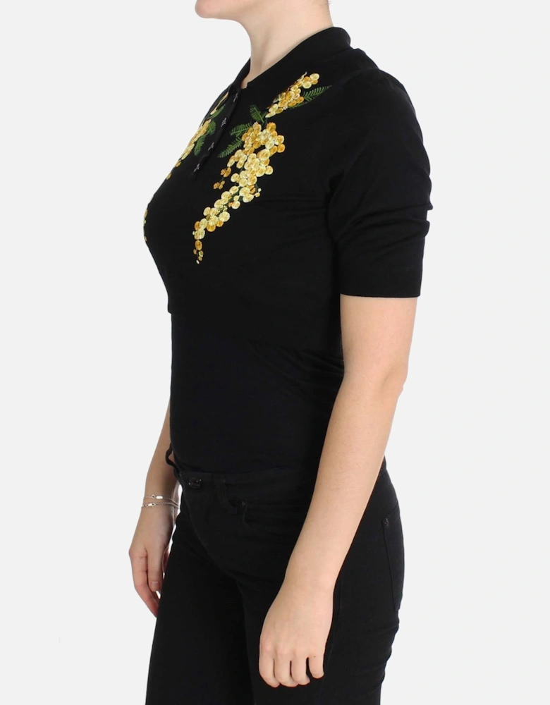 Floral Polo Shirt Short Sleeves Casual Top Women - Black T-Shirts
