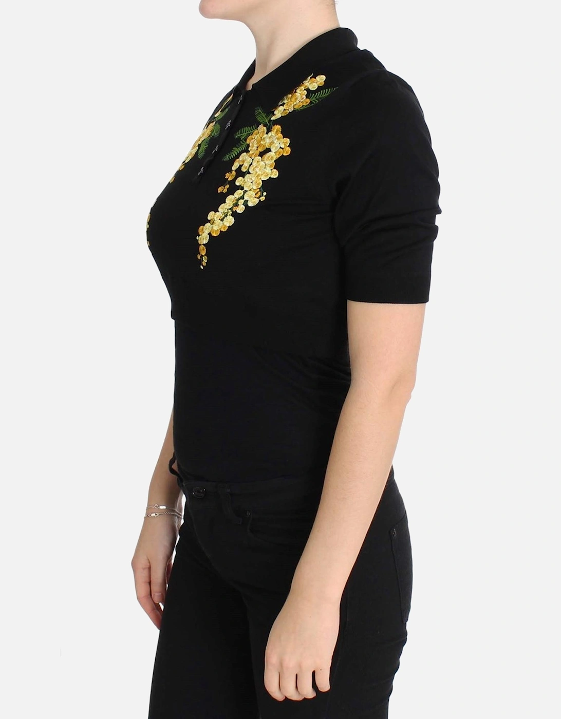 Floral Polo Shirt Short Sleeves Casual Top Women - Black T-Shirts