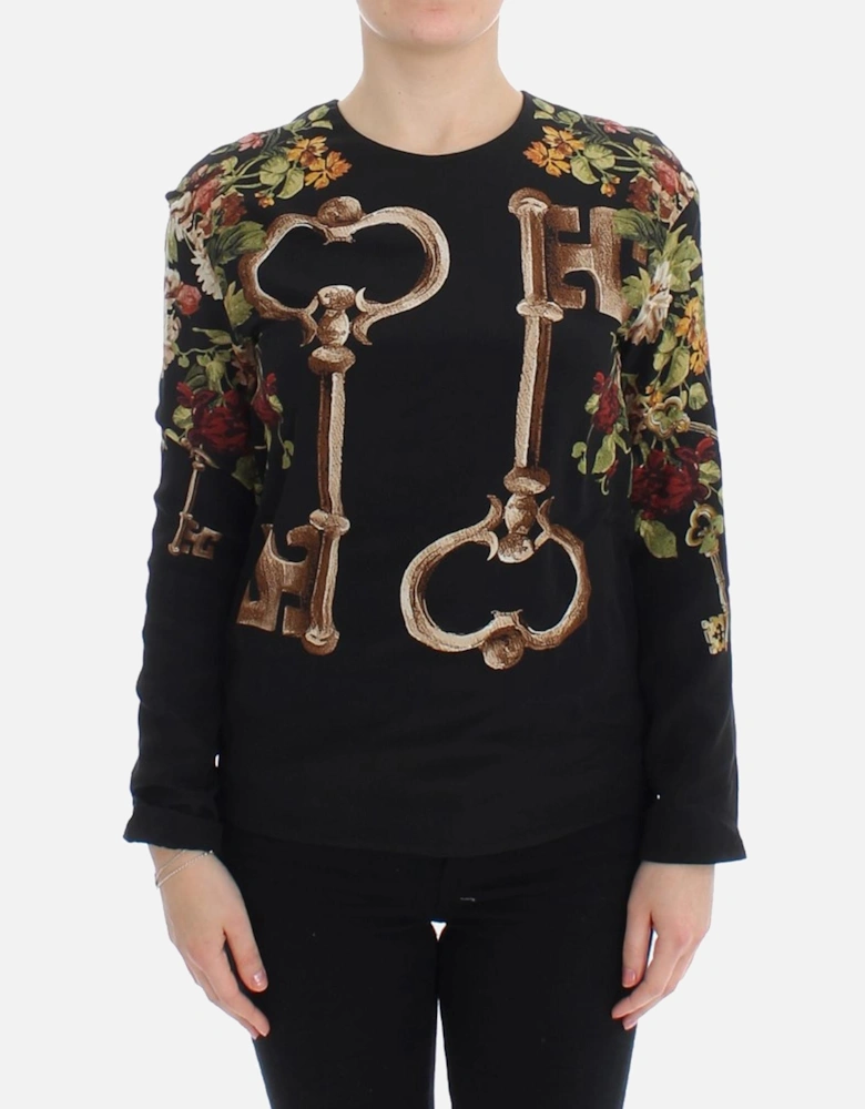 Floral Key Print Long Sleeve Sweater Women - Black T-Shirts