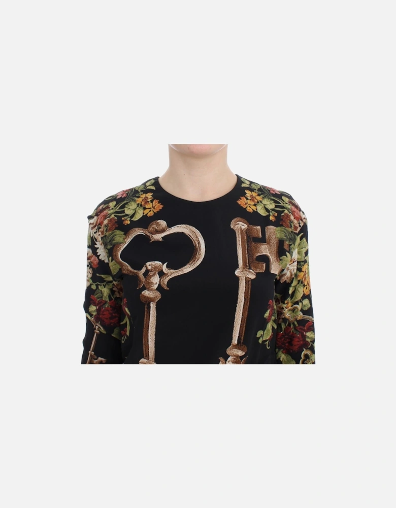 Floral Key Print Long Sleeve Sweater Women - Black T-Shirts
