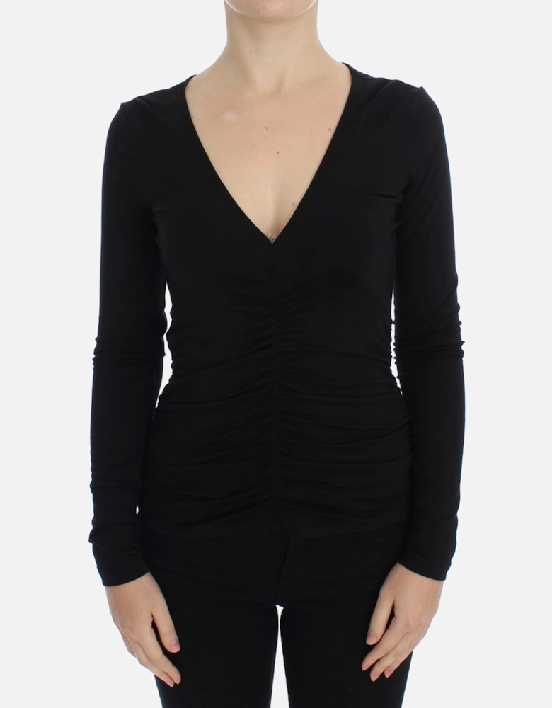 VNeck Ruched Knit Top Women - Black Sweaters