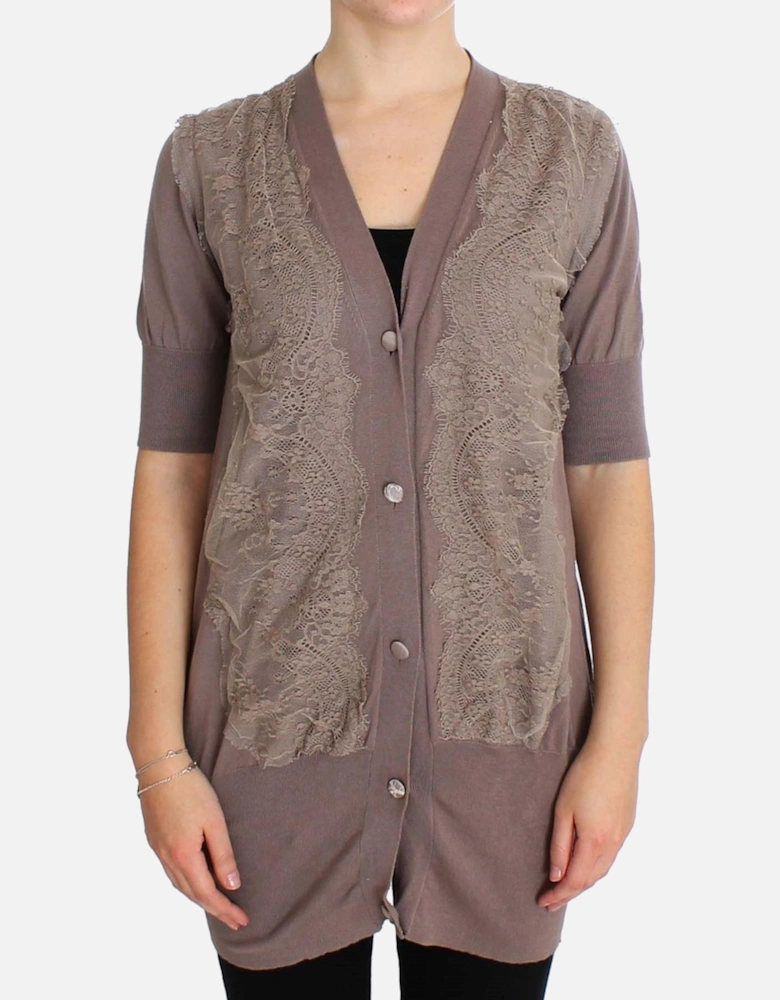 Lace Detail Cardigan Short Sleeves Relaxed Fit Women - Purple Sweaters