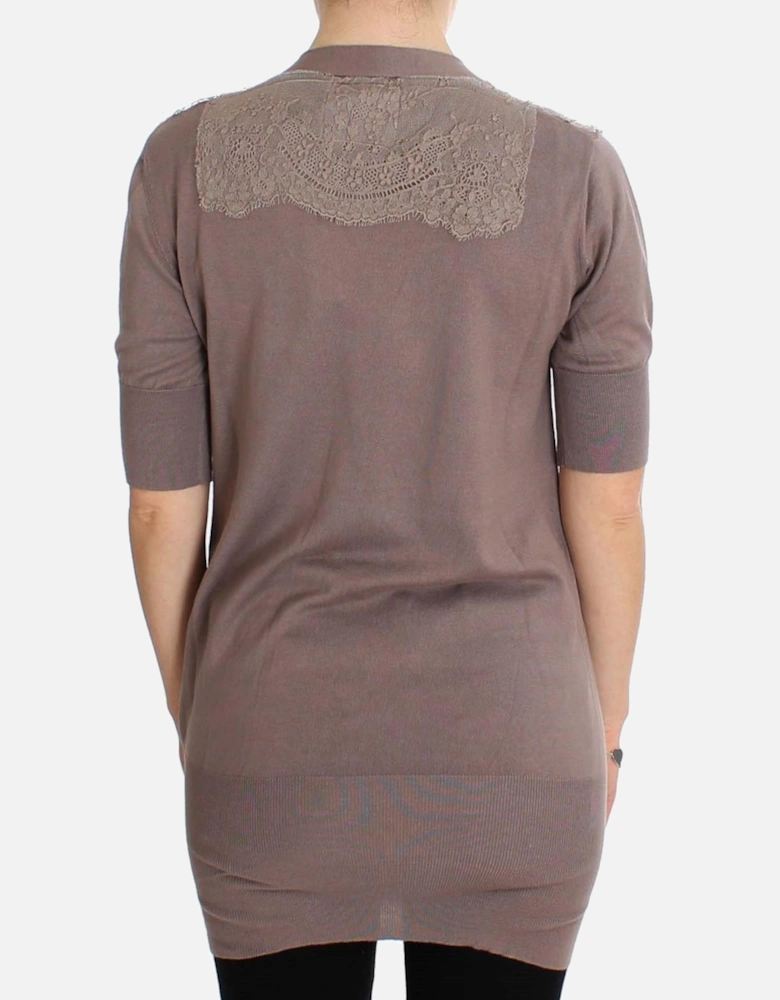 Lace Detail Cardigan Short Sleeves Relaxed Fit Women - Purple Sweaters