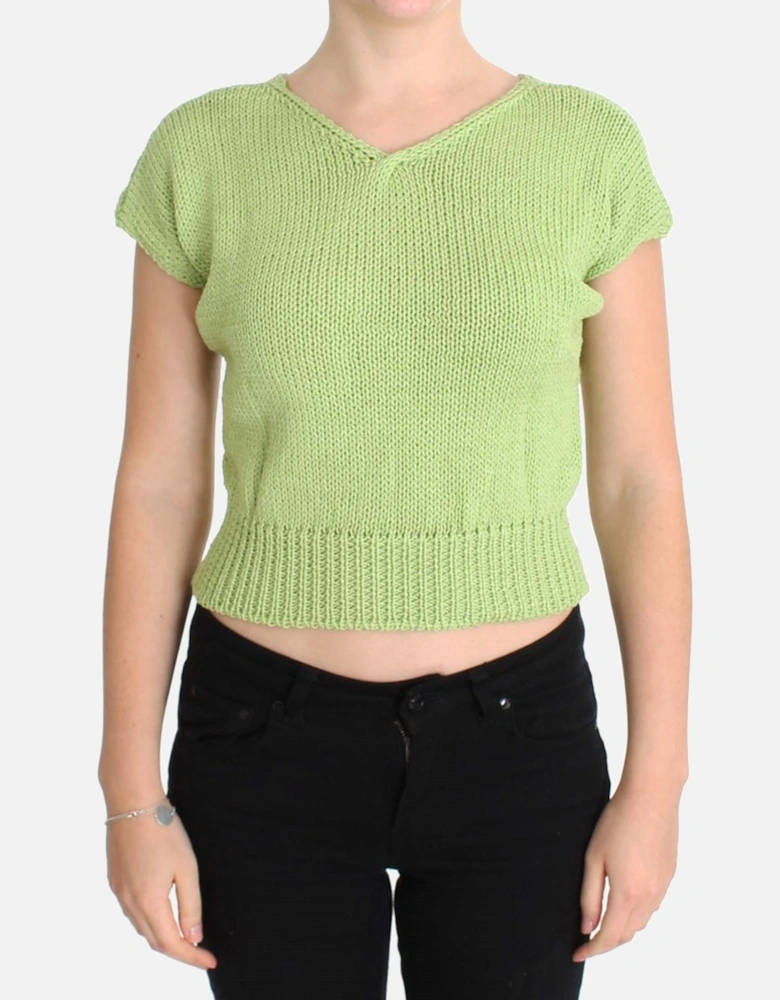 Lime Green Knit Short Sleeve VNeck Top Women Sweaters