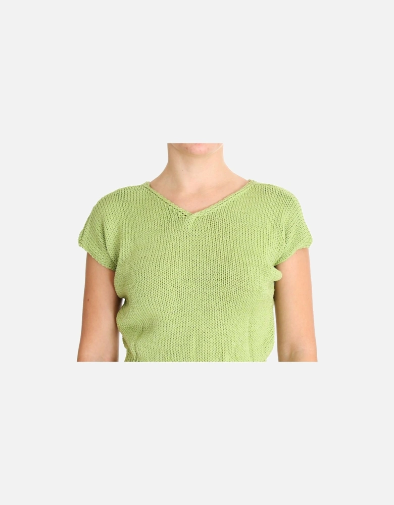 Lime Green Knit Short Sleeve VNeck Top Women Sweaters