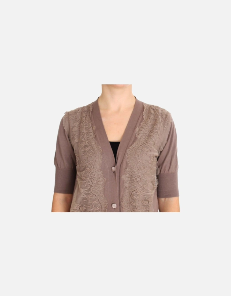 Lace Detail Cardigan Short Sleeves Relaxed Fit Women - Purple Sweaters