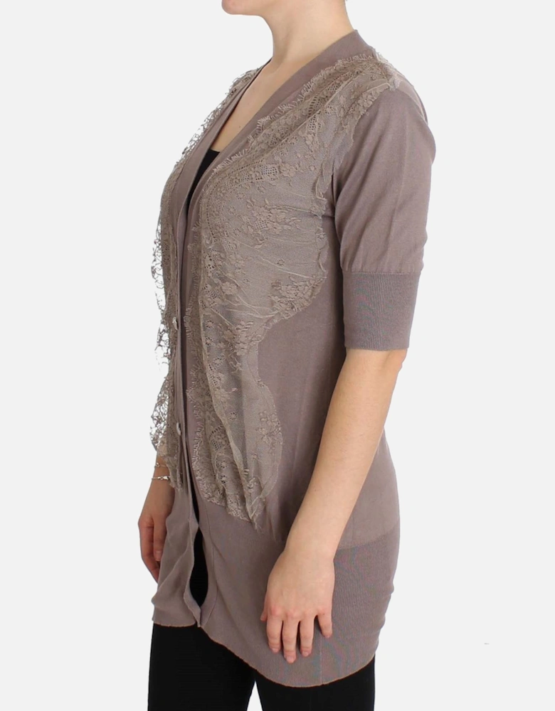 Lace Detail Cardigan Short Sleeves Relaxed Fit Women - Purple Sweaters