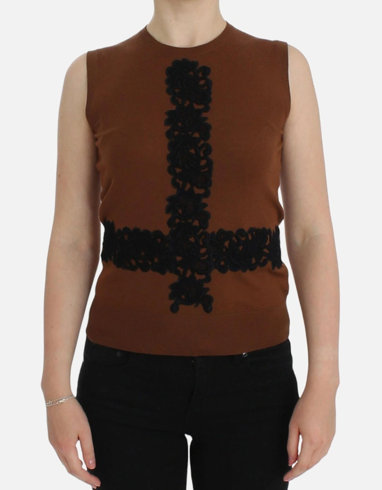 Dolce Gabbana Floral Knit Top Sleeveless Women - Beige Sweaters