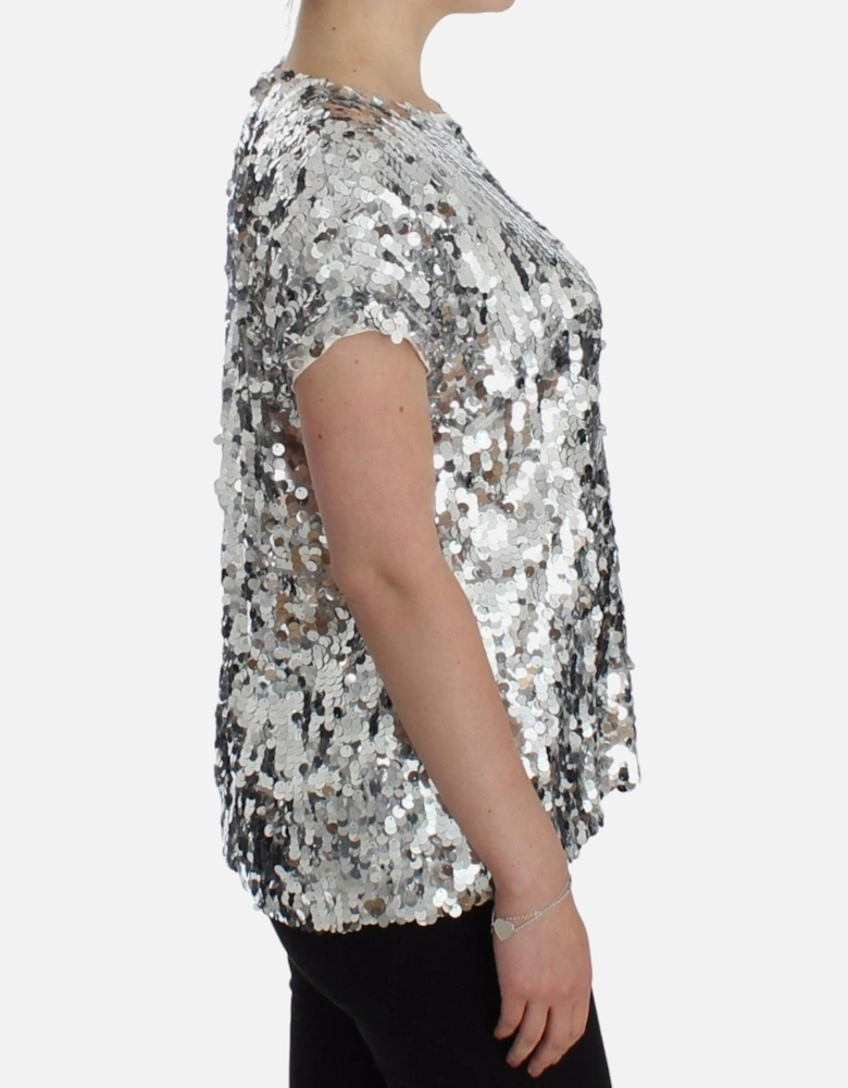 Sequined Party Evening Blouse with Back Button Women - Silver T-Shirts