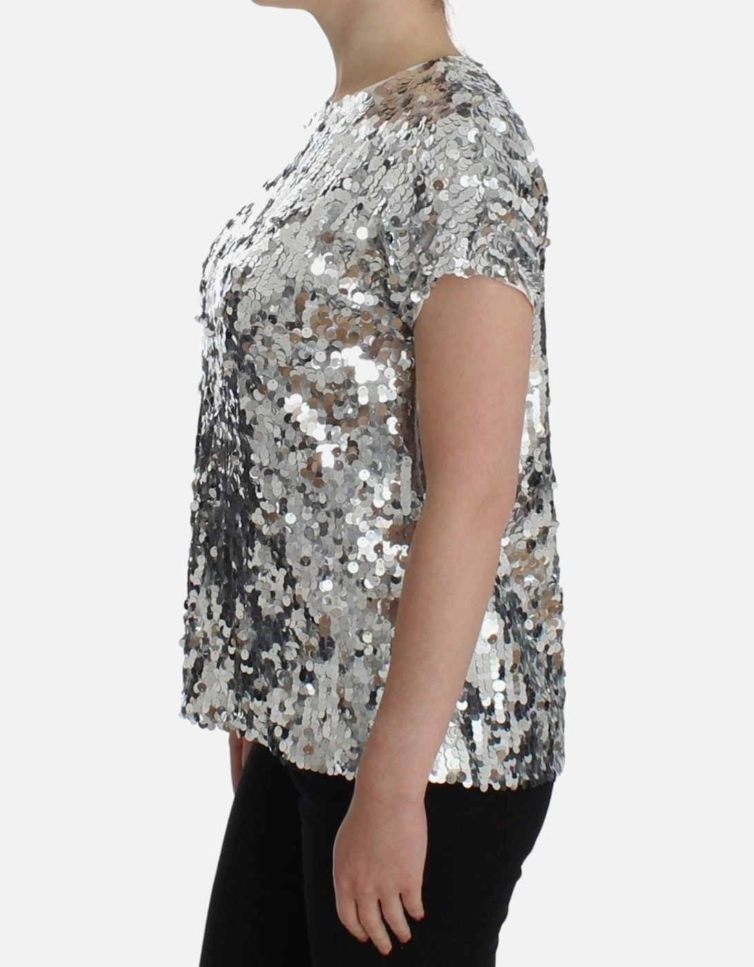 Sequined Party Evening Blouse with Back Button Women - Silver T-Shirts