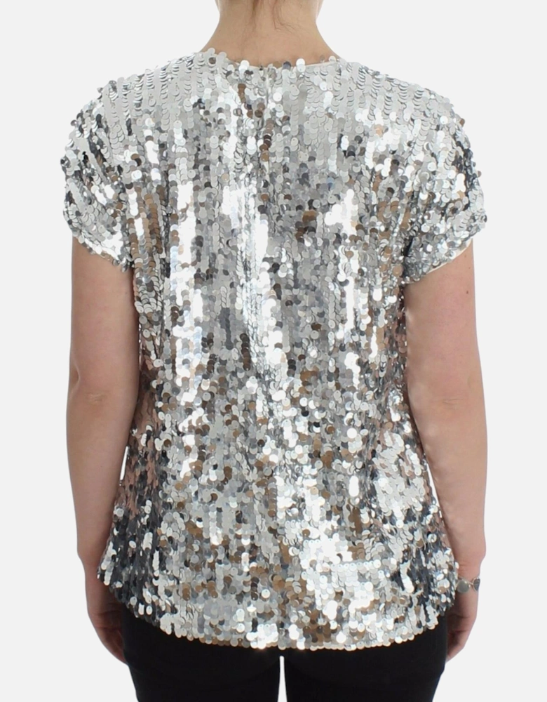 Sequined Party Evening Blouse with Back Button Women - Silver T-Shirts