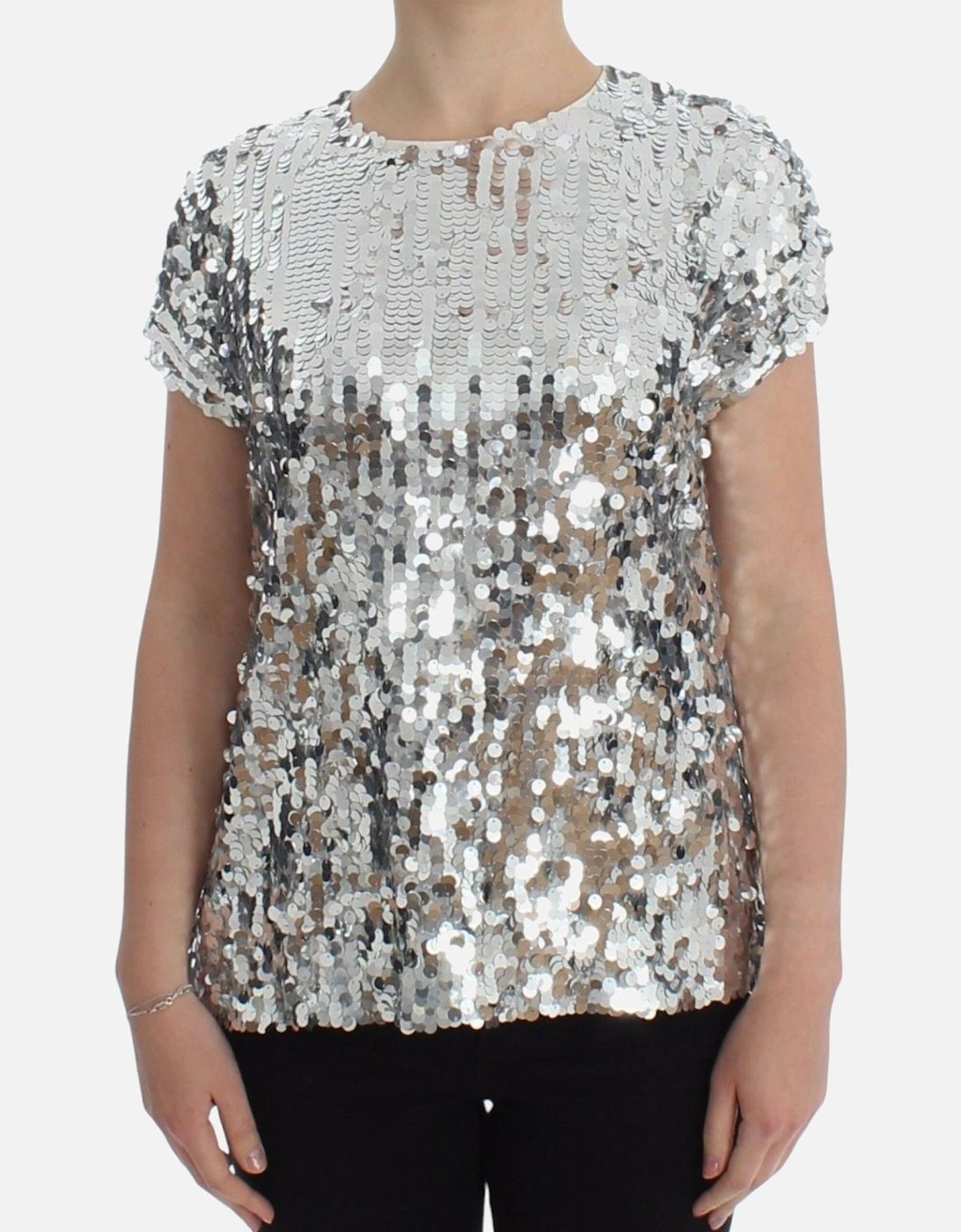 Sequined Party Evening Blouse with Back Button Women - Silver T-Shirts, 7 of 6