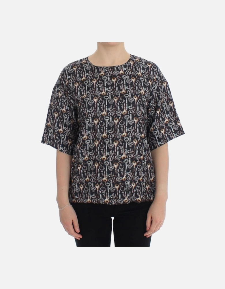 Key Print Silk Top Short Sleeve Blouse Women - Gray T-Shirts