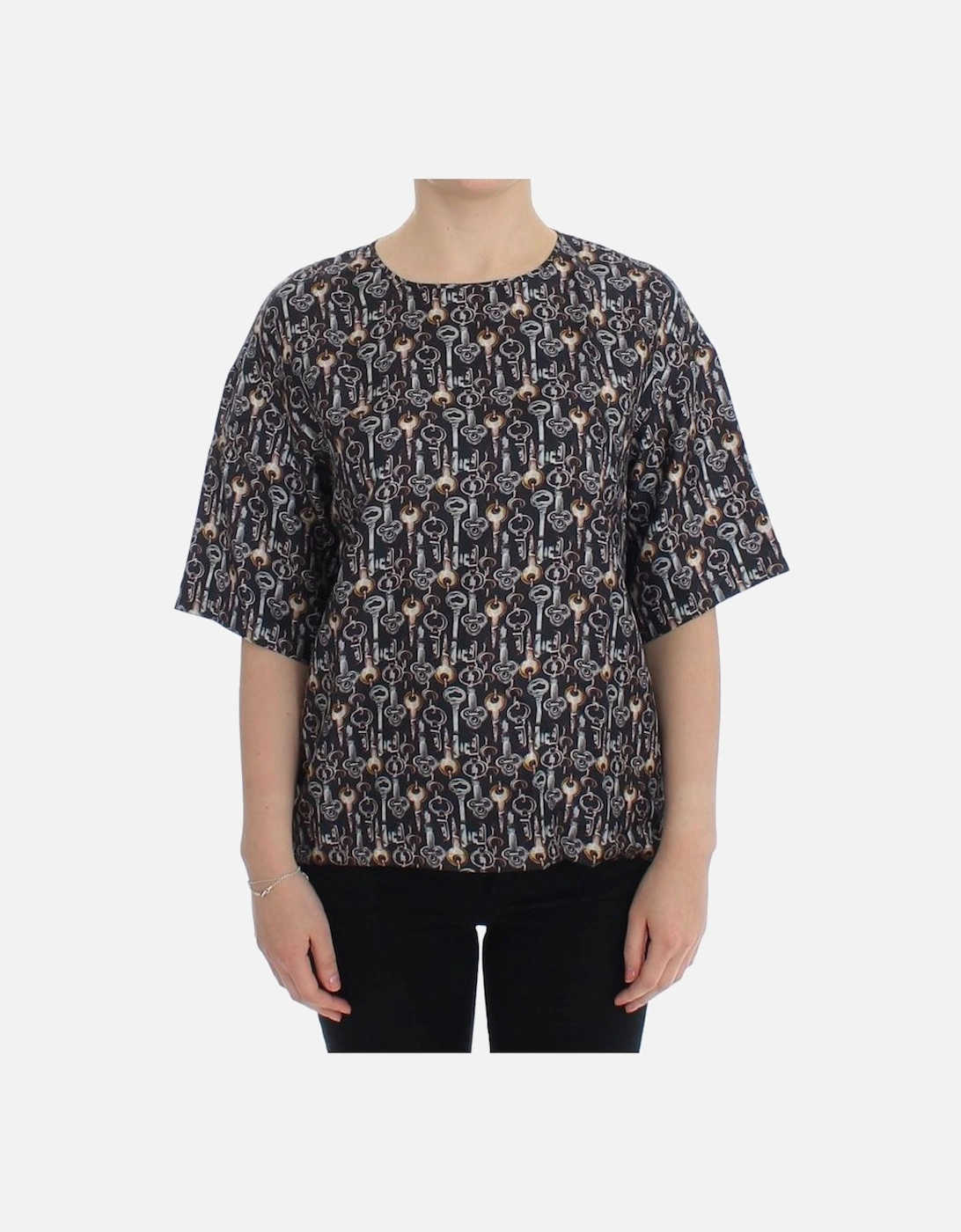 Key Print Silk Top Short Sleeve Blouse Women - Gray T-Shirts, 7 of 6
