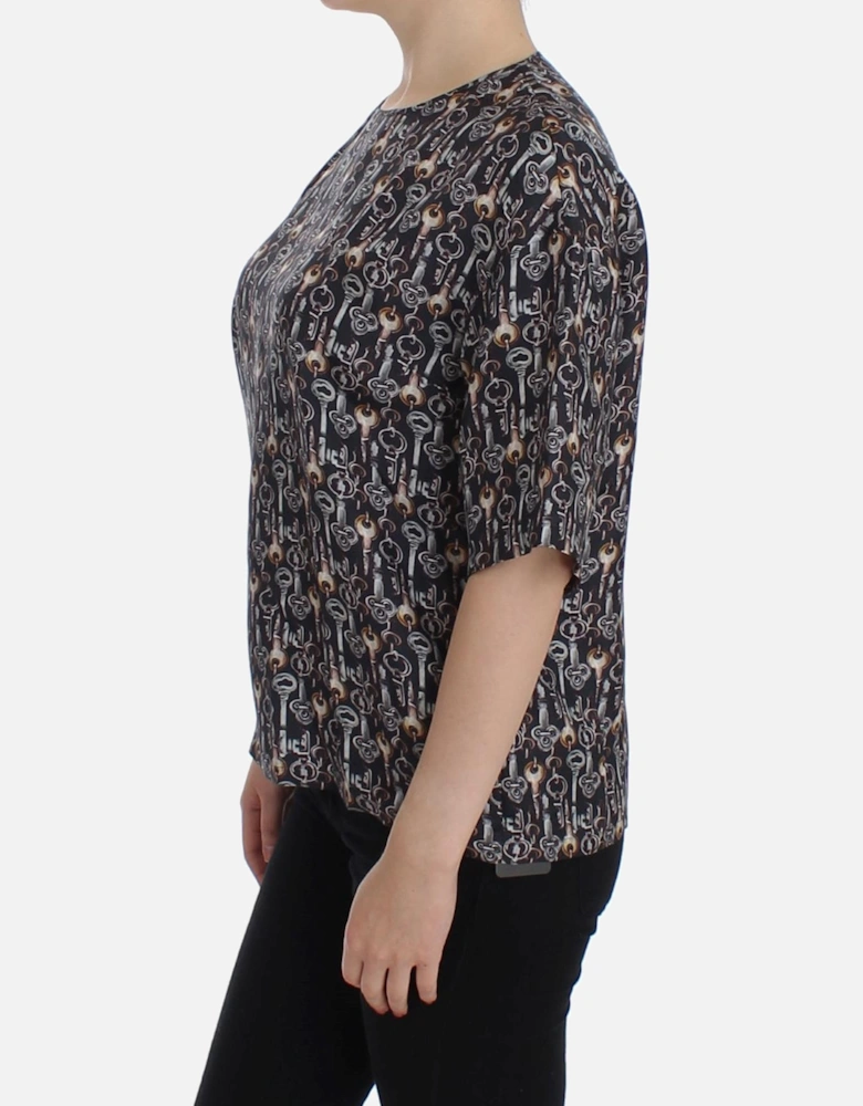 Key Print Silk Top Short Sleeve Blouse Women - Gray T-Shirts