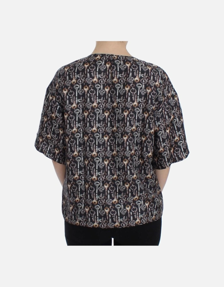 Key Print Silk Top Short Sleeve Blouse Women - Gray T-Shirts