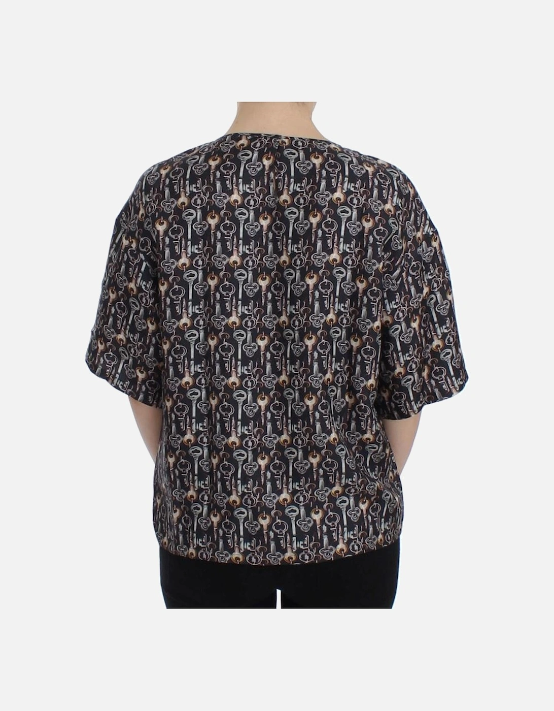 Key Print Silk Top Short Sleeve Blouse Women - Gray T-Shirts