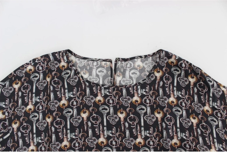 Key Print Silk Top Short Sleeve Blouse Women - Gray T-Shirts